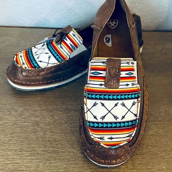 Ariat Aztec Arrow Print Cruisers Brown Leather Slip-On Shoes 9 - Picture 1 of 6